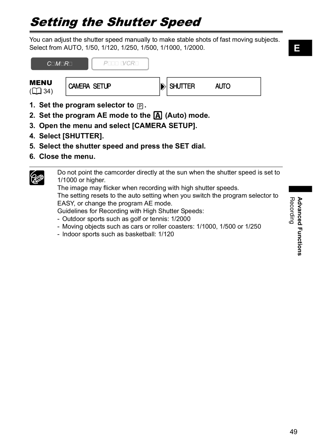 Canon MV800i, MV790 instruction manual Setting the Shutter Speed, Menu Camera Setup 