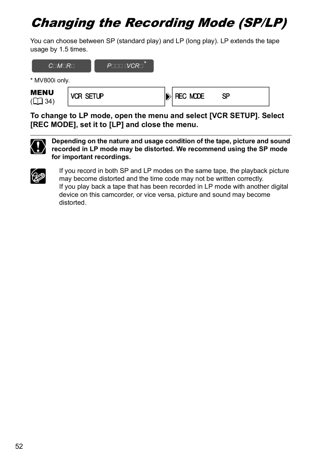 Canon MV800i, MV790 instruction manual Changing the Recording Mode SP/LP, Menu VCR Setup 