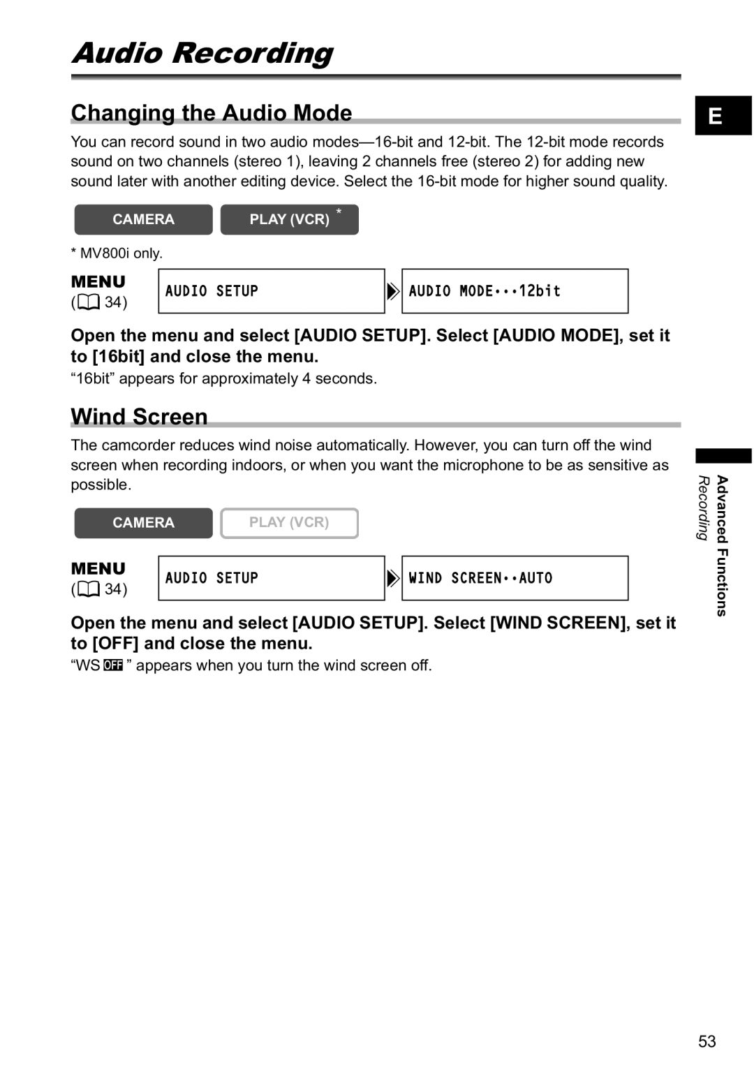 Canon MV790, MV800i instruction manual Audio Recording, Changing the Audio Mode, Menu Audio Setup Wind Screenauto 