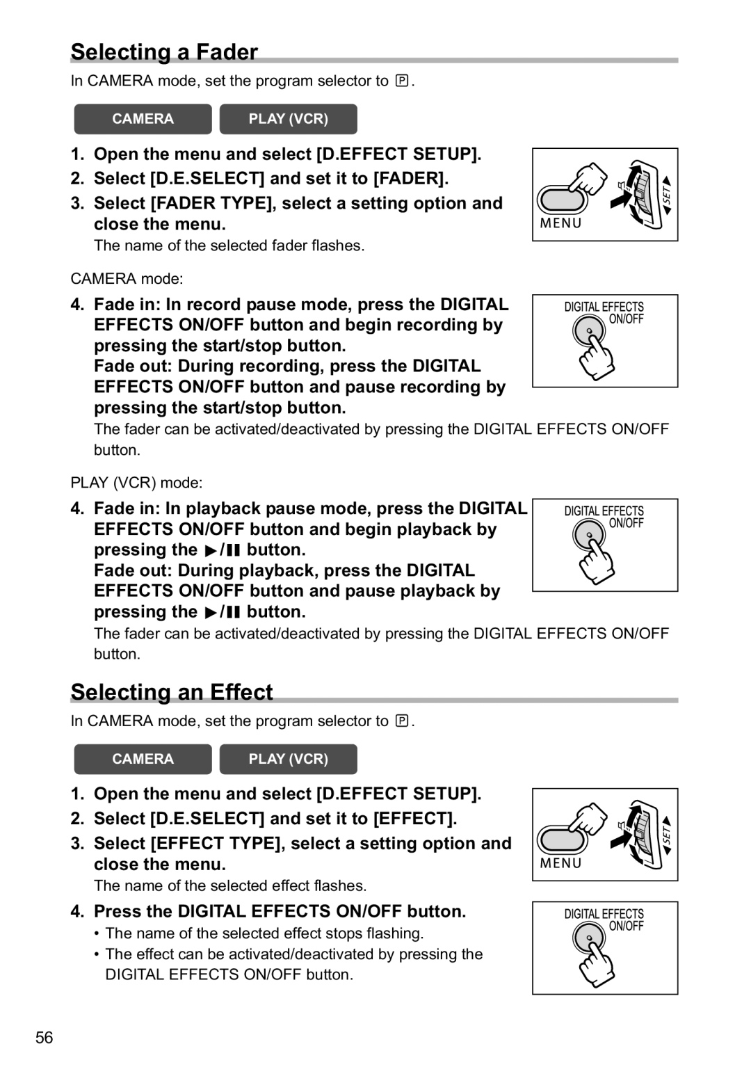 Canon MV790, MV800i instruction manual Selecting a Fader, Selecting an Effect, Press the Digital Effects ON/OFF button 