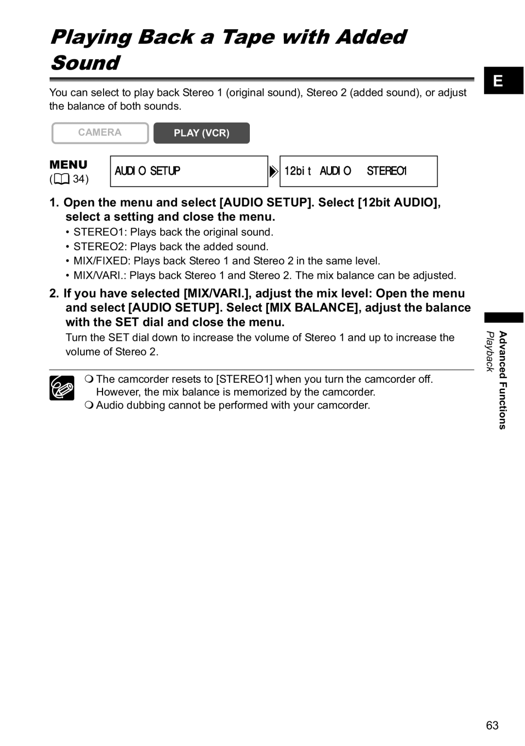 Canon MV790, MV800i instruction manual Playing Back a Tape with Added Sound, 12bit AUDIOSTEREO1 