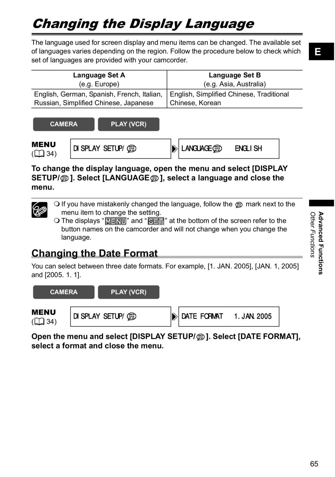 Canon MV800 Changing the Display Language, Changing the Date Format, Menu Display Setup, Language Set a Language Set B 