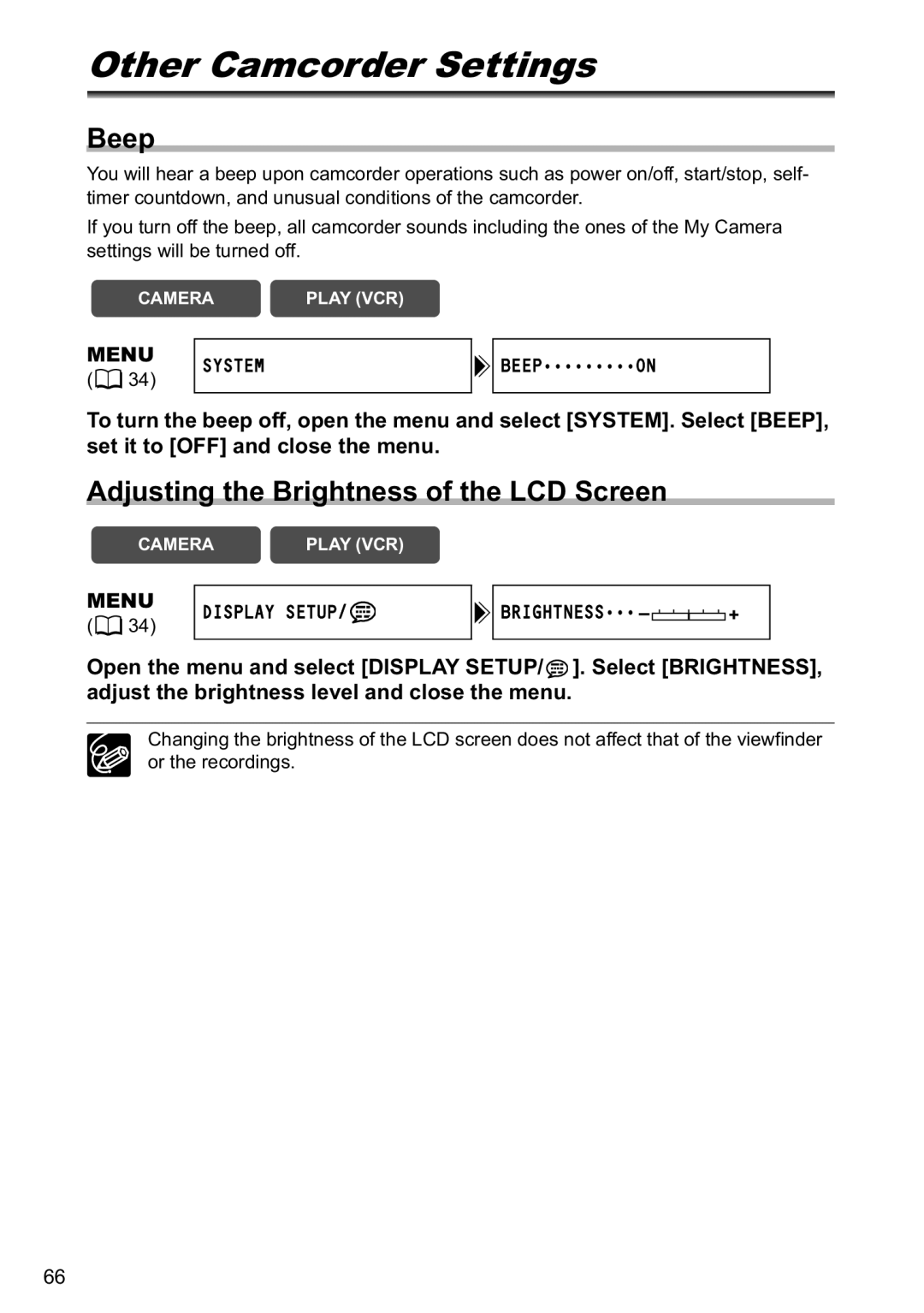 Canon MV790 Other Camcorder Settings, Beep, Adjusting the Brightness of the LCD Screen, Menu Display Setup Brightness 