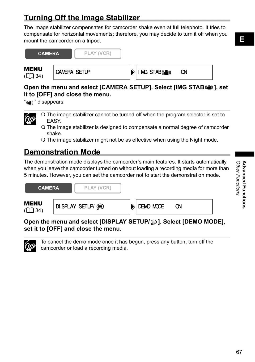 Canon MV800i, MV790 instruction manual Turning Off the Image Stabilizer, Demonstration Mode 