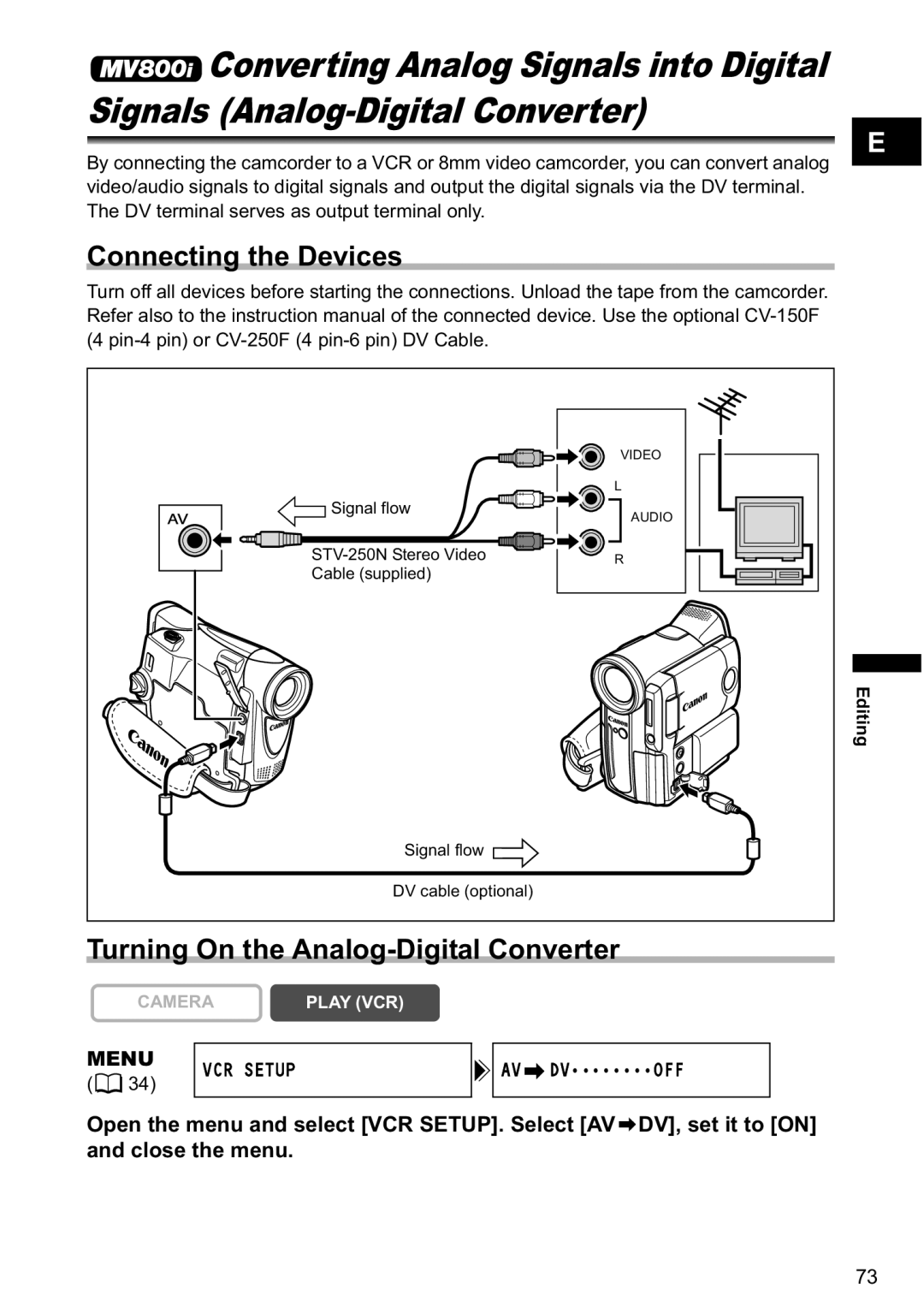 Canon MV800i, MV790 instruction manual Connecting the Devices, Turning On the Analog-Digital Converter 