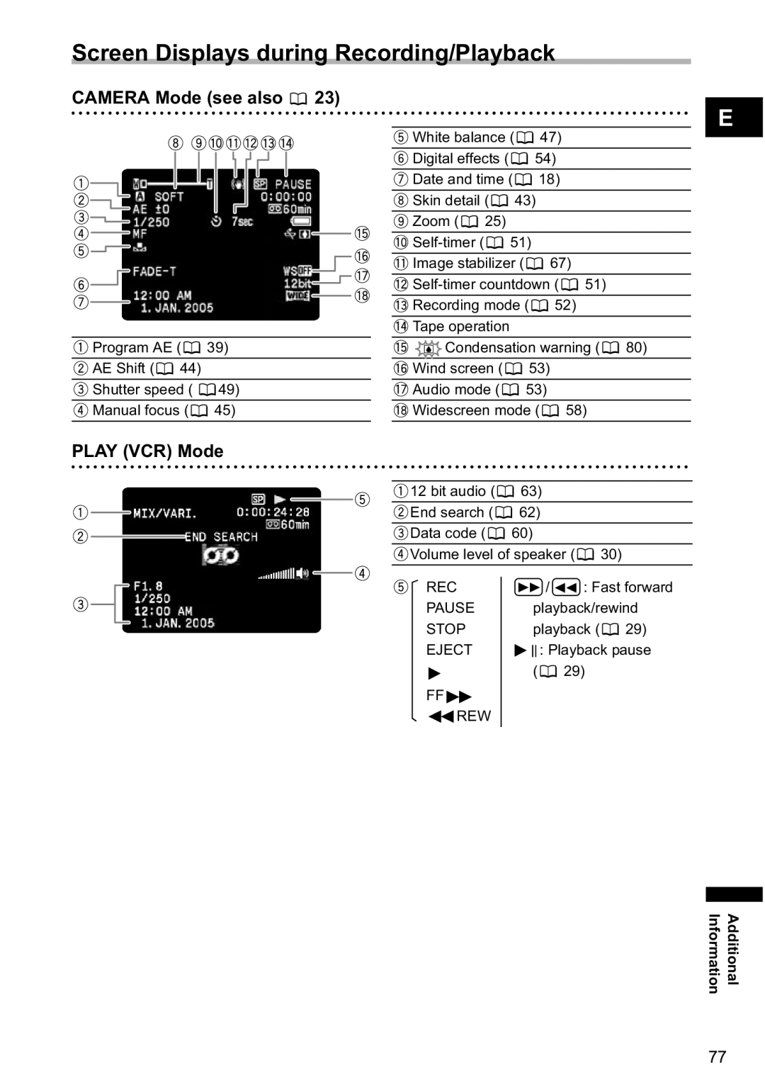 Canon MV790, MV800i instruction manual Screen Displays during Recording/Playback, Camera Mode see also, Play VCR Mode 