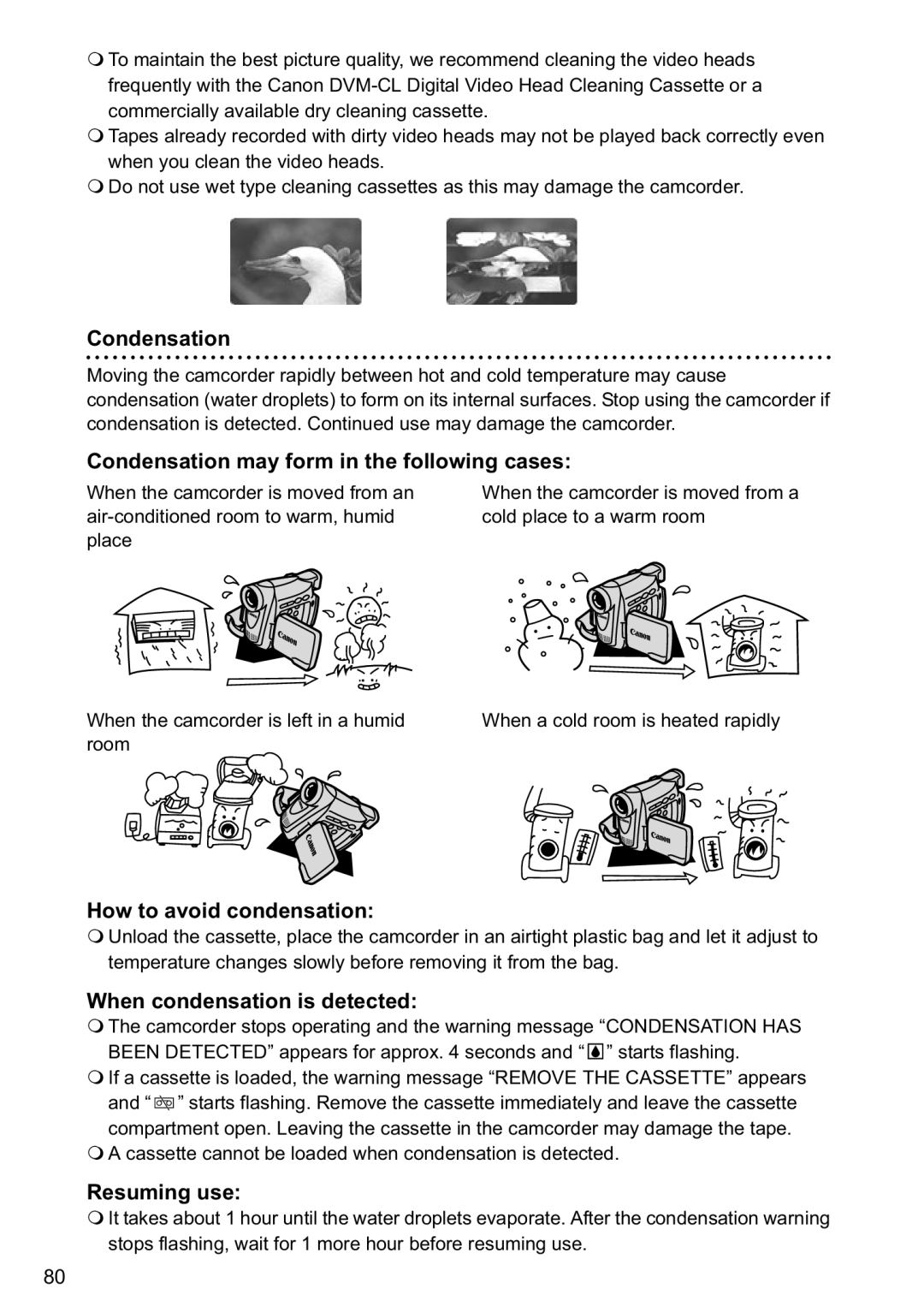 Canon MV800 Condensation may form in the following cases, How to avoid condensation, When condensation is detected 