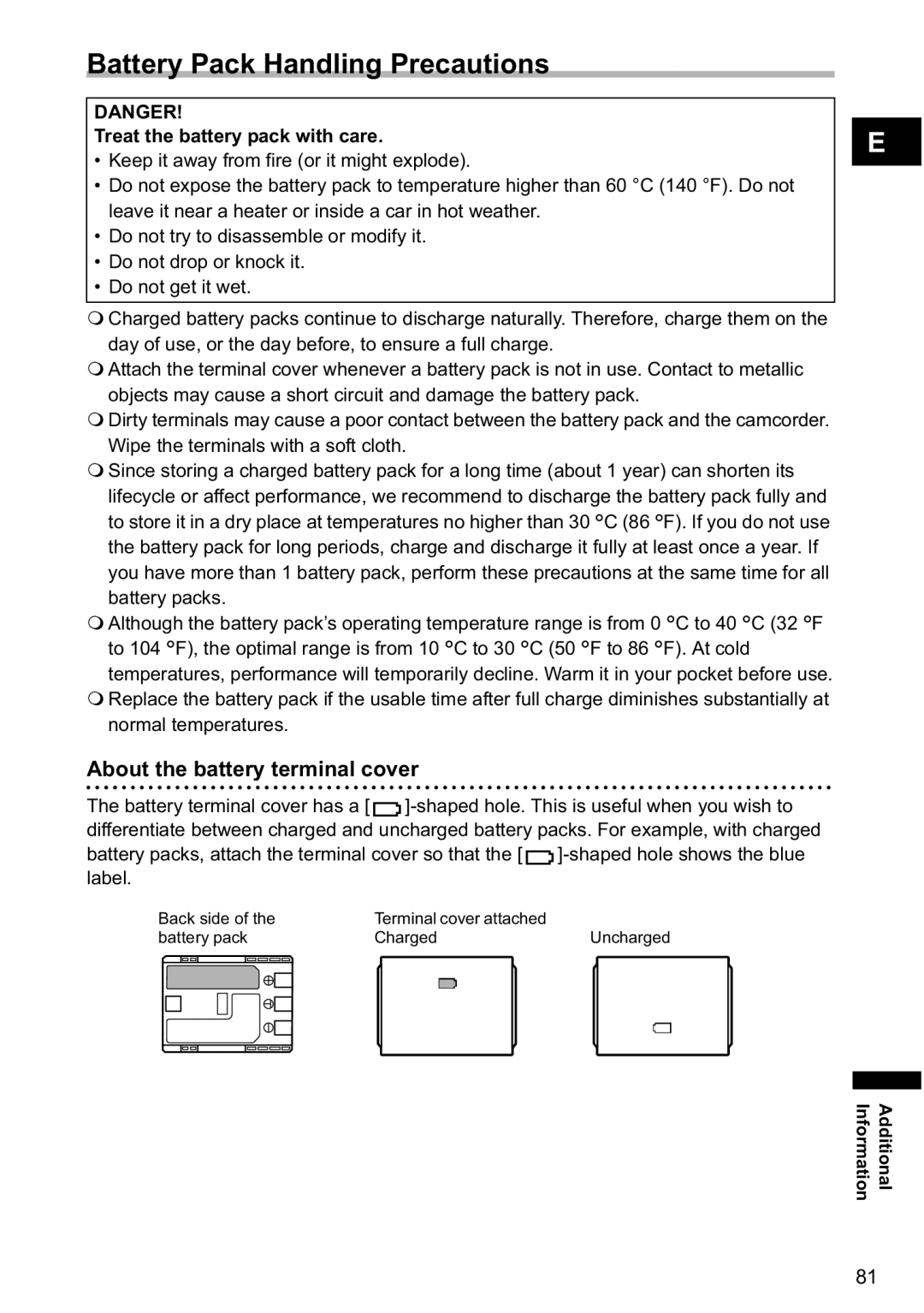 Canon MV790, MV800i Battery Pack Handling Precautions, About the battery terminal cover, Treat the battery pack with care 