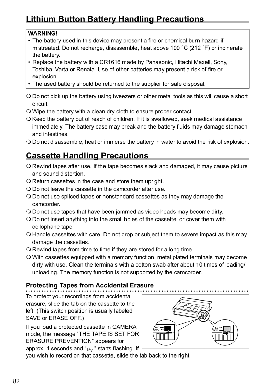 Canon MV800i, MV790 instruction manual Lithium Button Battery Handling Precautions, Cassette Handling Precautions 