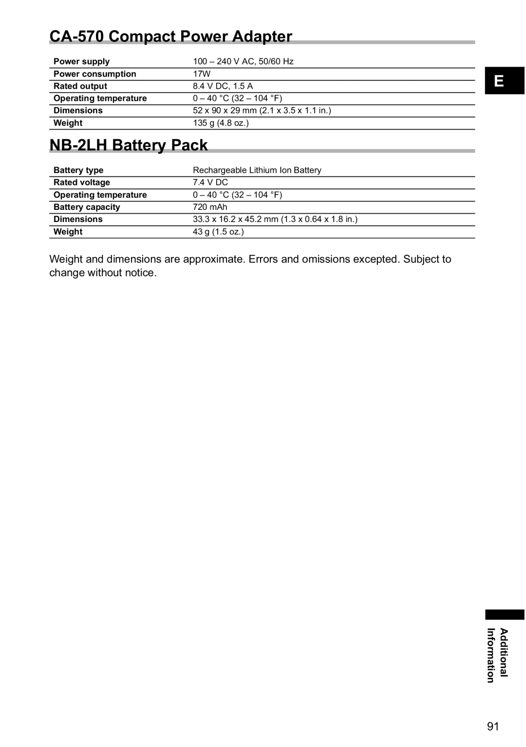 Canon MV800i, MV790 instruction manual CA-570 Compact Power Adapter, NB-2LH Battery Pack 