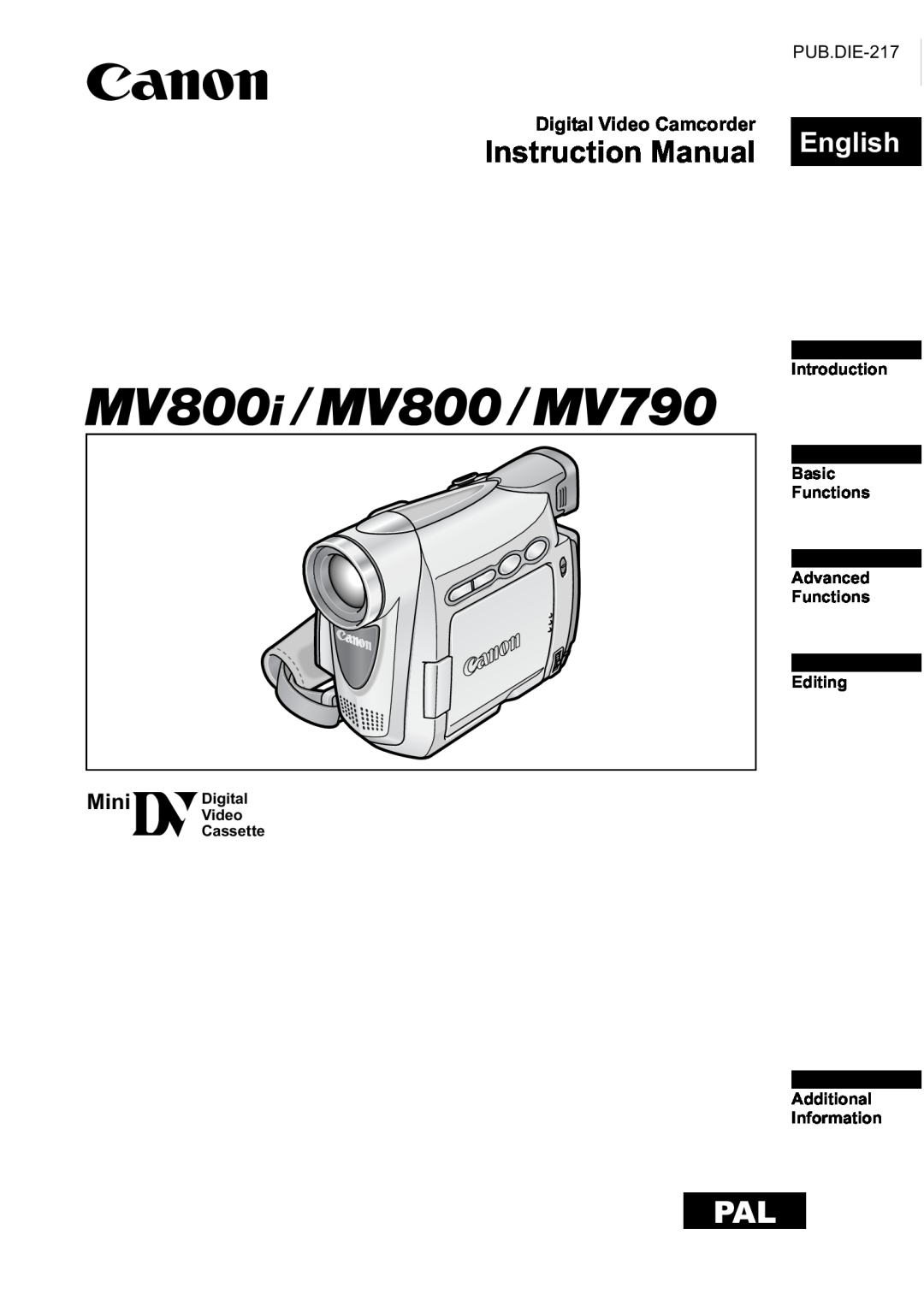 Canon MV800i, MV790 instruction manual English English, Digital Video Camcorder, Instruction Manual 