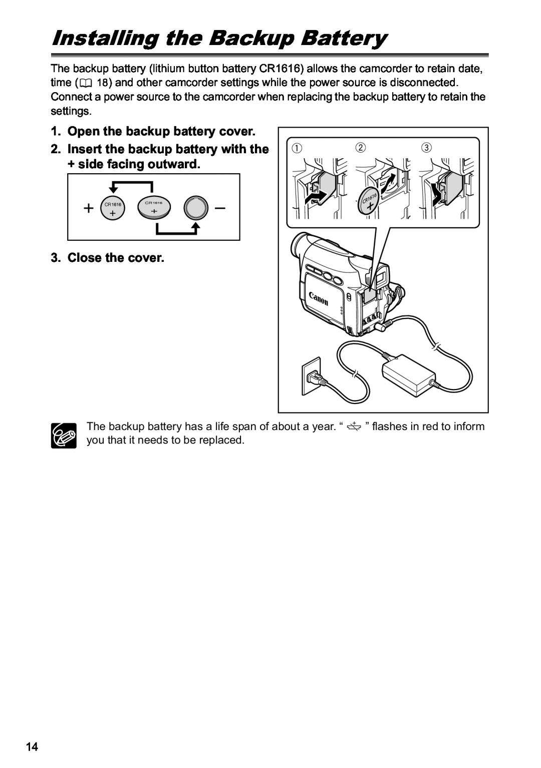 Canon MV790, MV800i instruction manual Installing the Backup Battery, Open the backup battery cover, Close the cover 