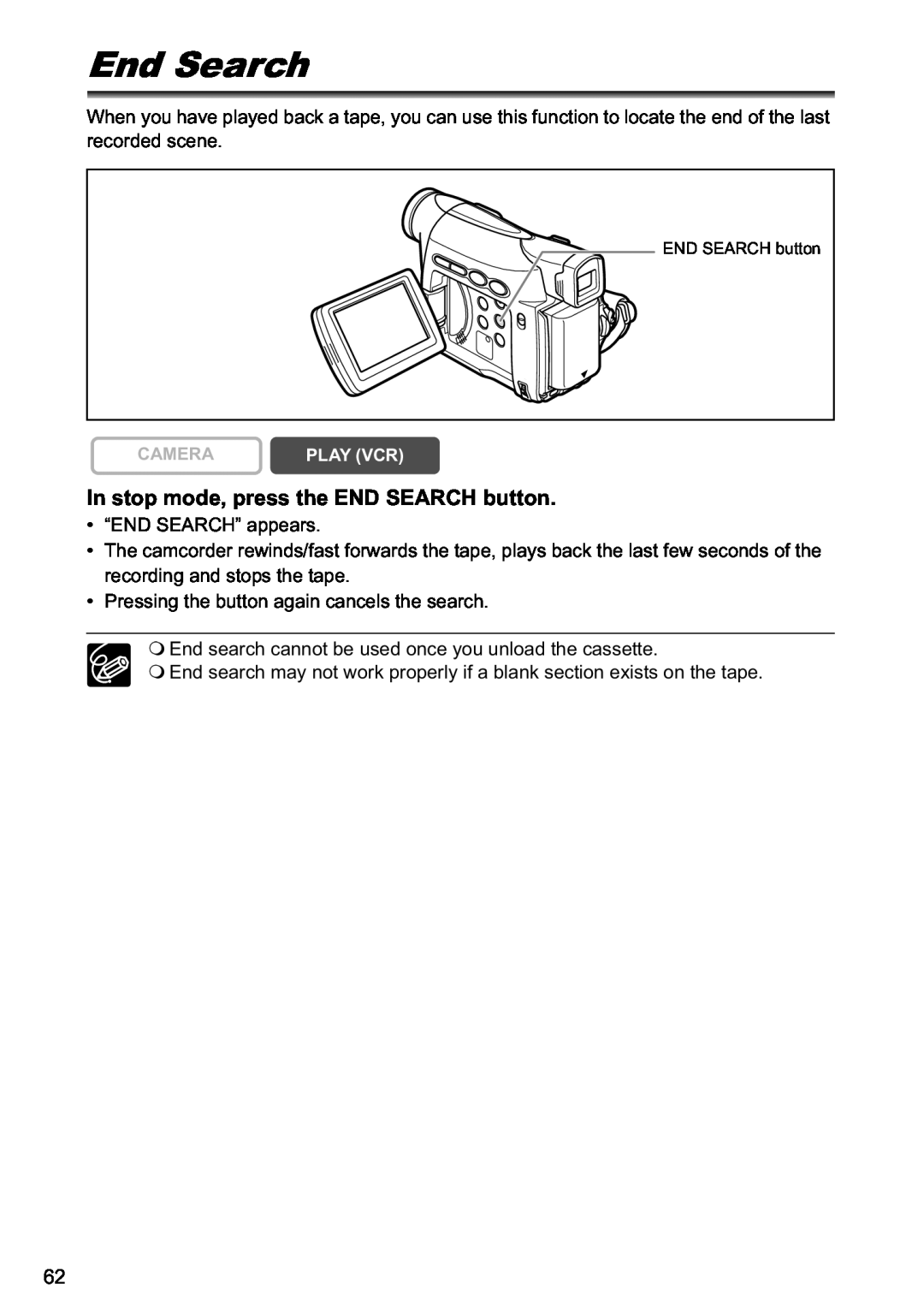 Canon MV790, MV800i instruction manual End Search, In stop mode, press the END SEARCH button 