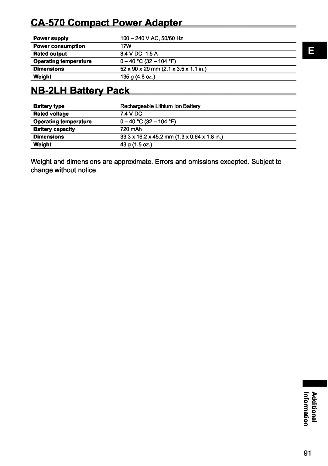 Canon MV800i, MV790 instruction manual CA-570 Compact Power Adapter, NB-2LH Battery Pack 