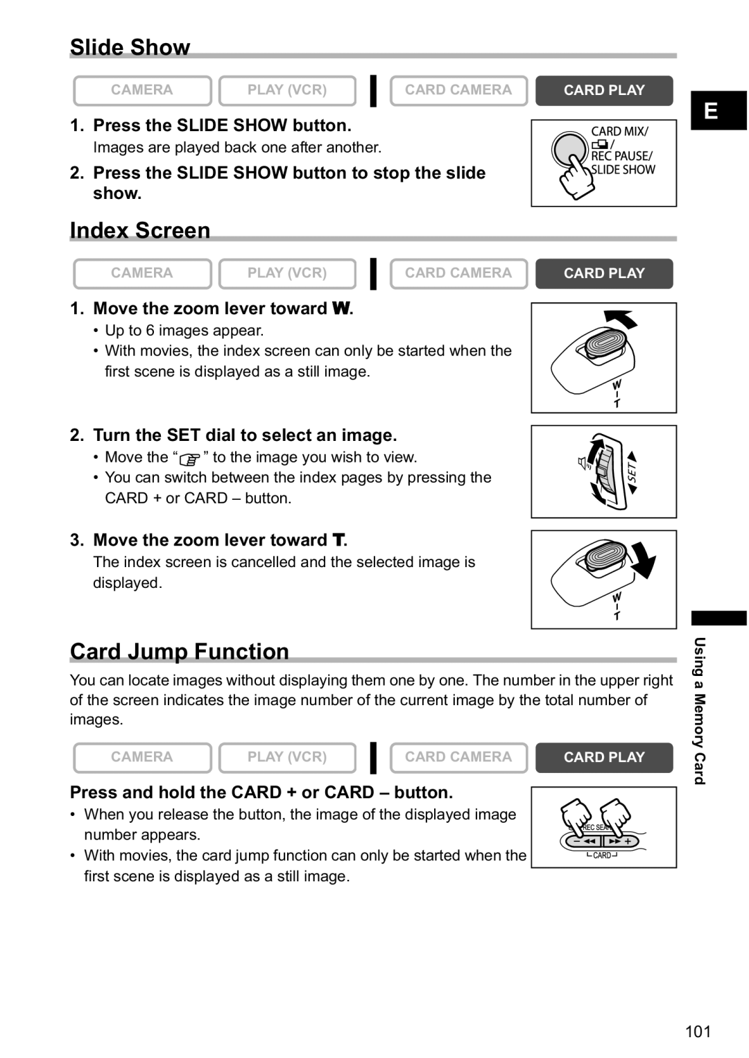 Canon MV880xi instruction manual Slide Show, Index Screen, Card Jump Function 