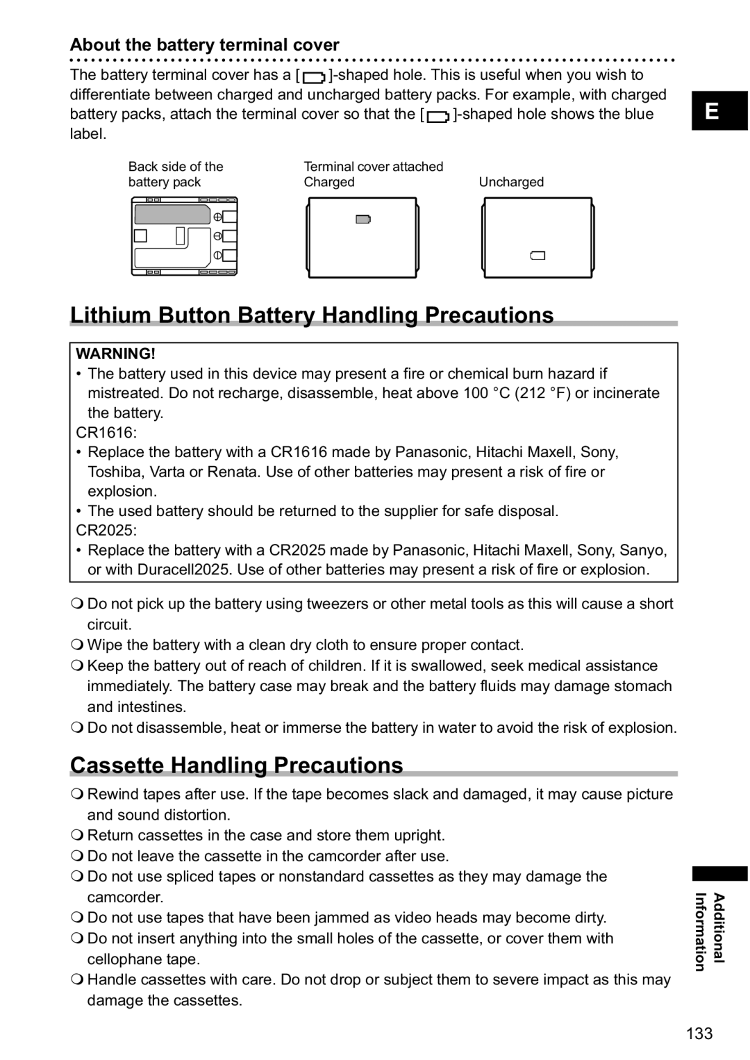 Canon MV880x Lithium Button Battery Handling Precautions, Cassette Handling Precautions, About the battery terminal cover 