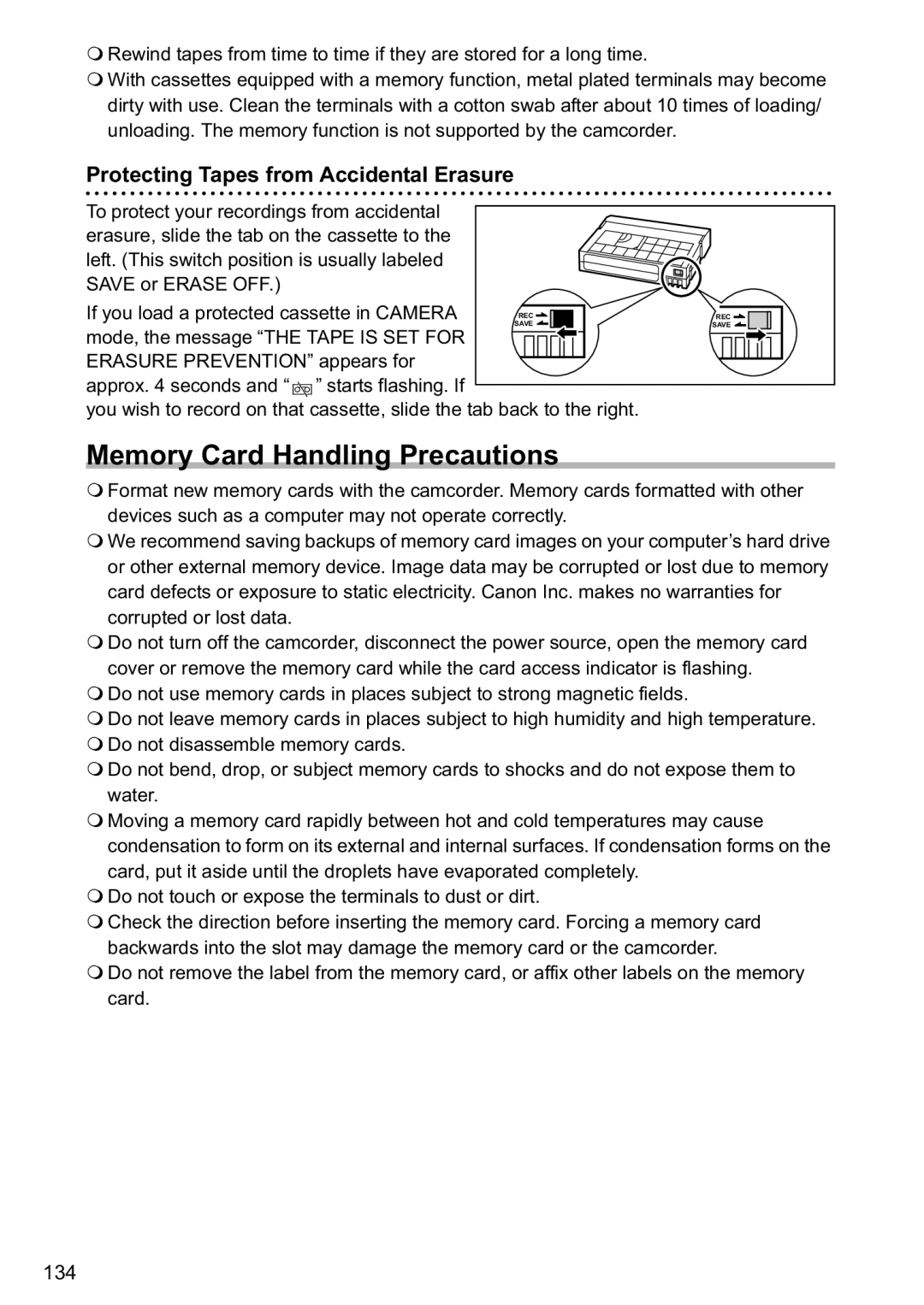 Canon MV880xi instruction manual Memory Card Handling Precautions, Protecting Tapes from Accidental Erasure 