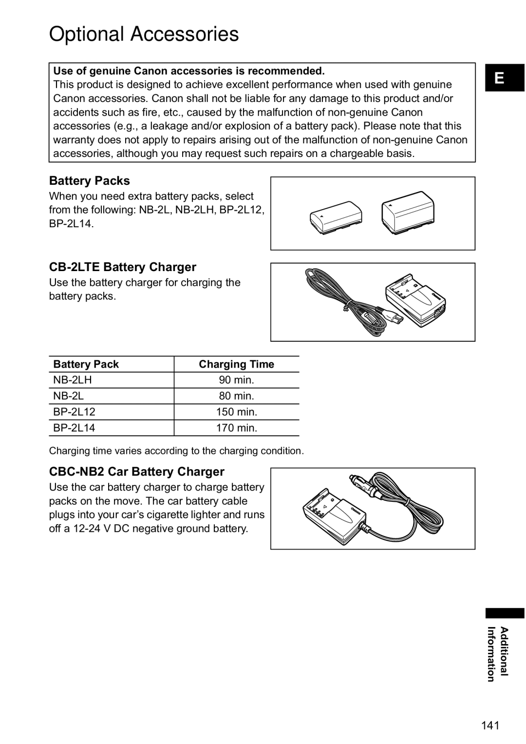 Canon MV880xi Optional Accessories, Battery Packs, CB-2LTE Battery Charger, CBC-NB2 Car Battery Charger 