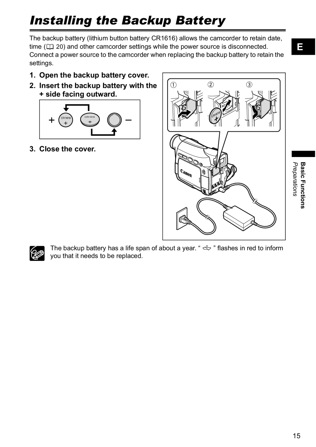 Canon MV880xi instruction manual Installing the Backup Battery 