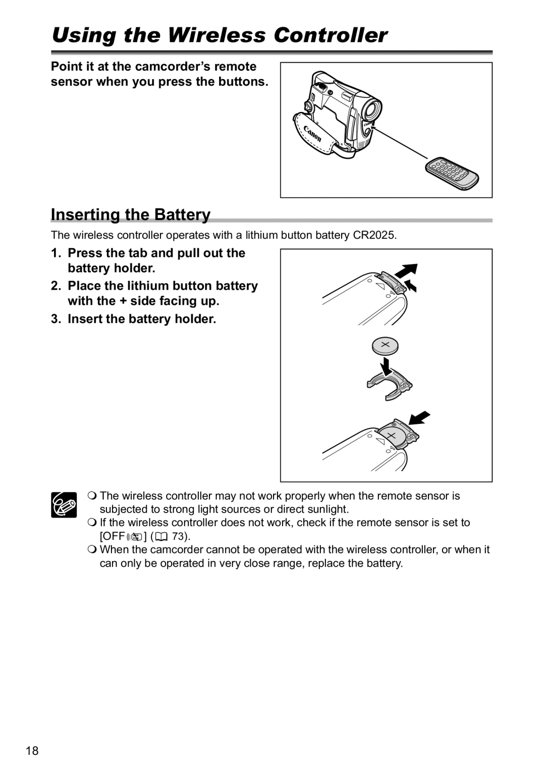 Canon MV880xi instruction manual Using the Wireless Controller, Inserting the Battery 