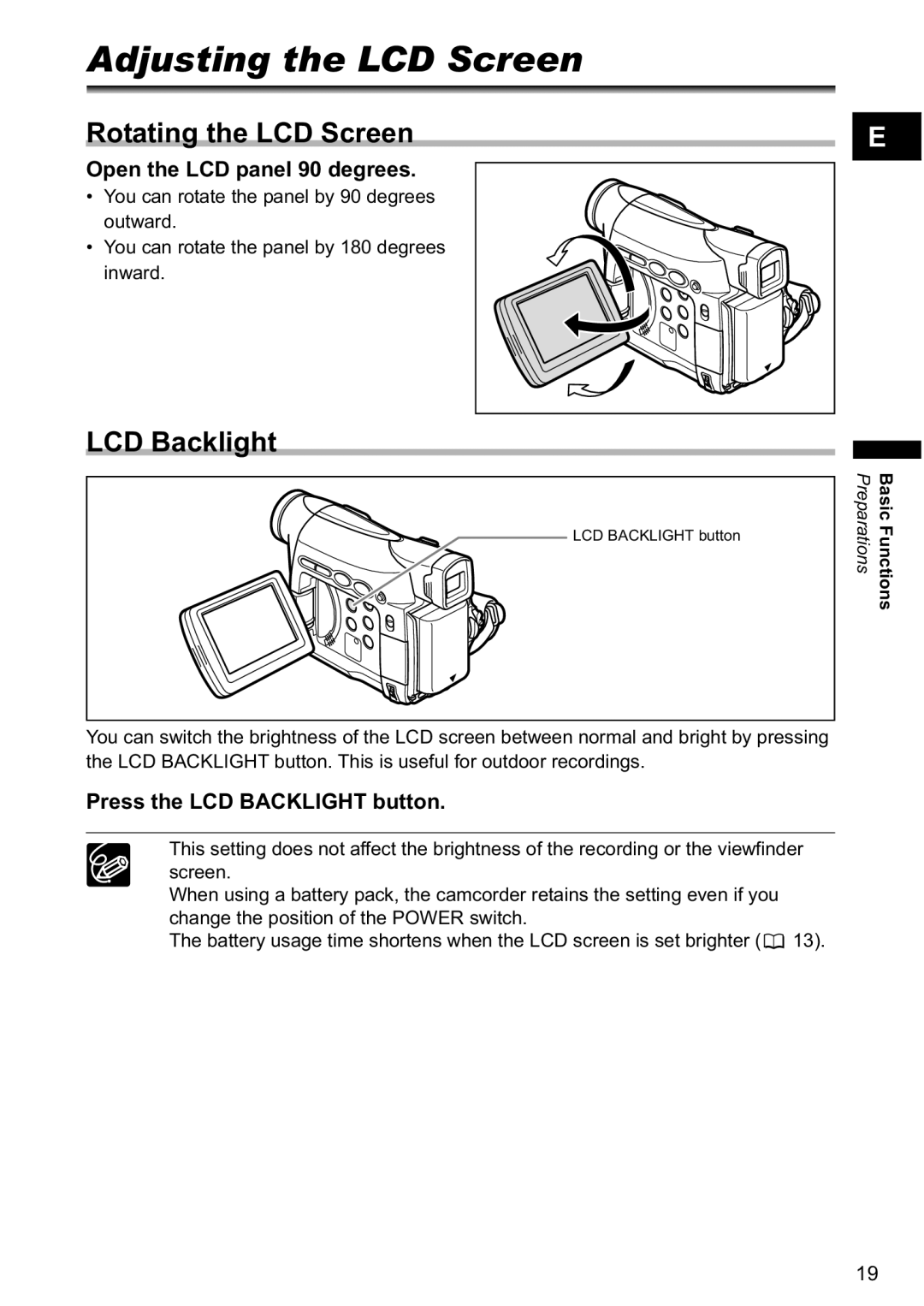 Canon MV880xi Adjusting the LCD Screen, Rotating the LCD Screen, LCD Backlight, Open the LCD panel 90 degrees 