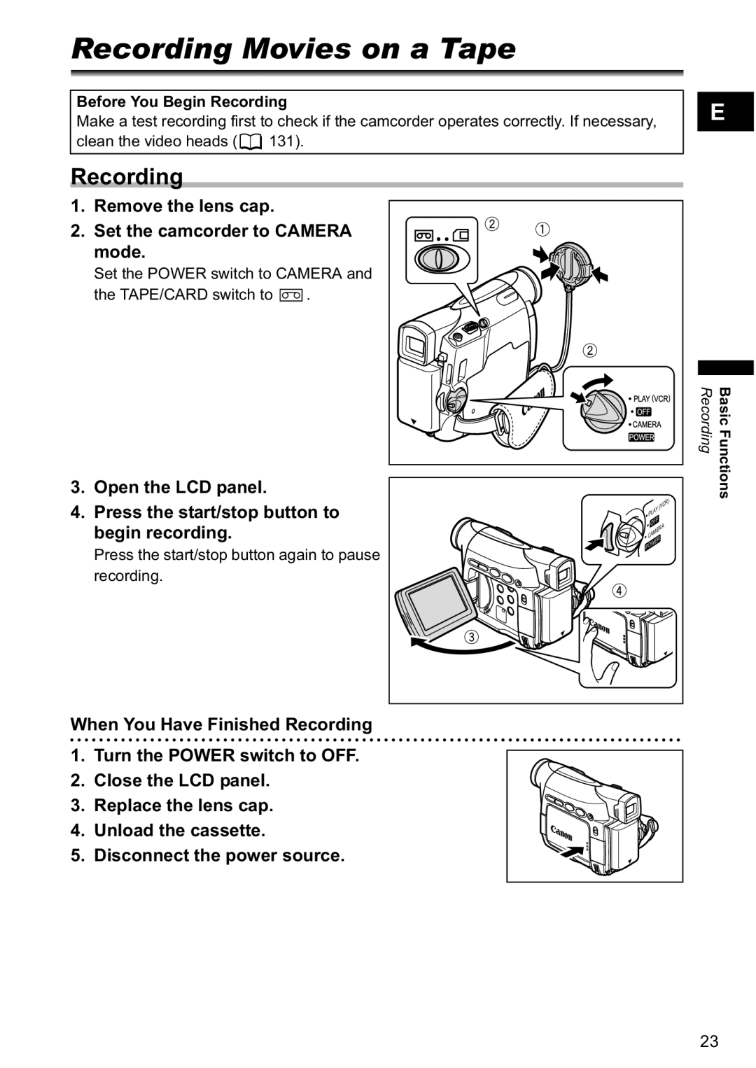 Canon MV880xi instruction manual RecordingecordingMovies on a Tape, Remove the lens cap Set the camcorder to Camera mode 