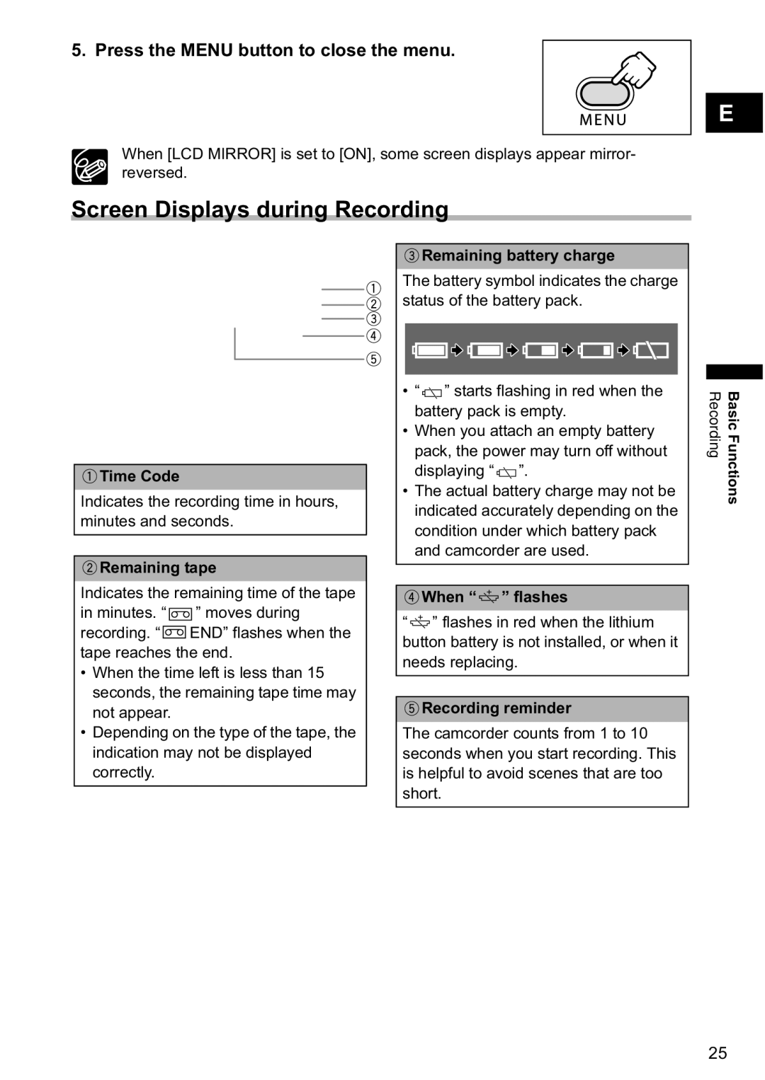 Canon MV880xi instruction manual Screen Displays during Recording 