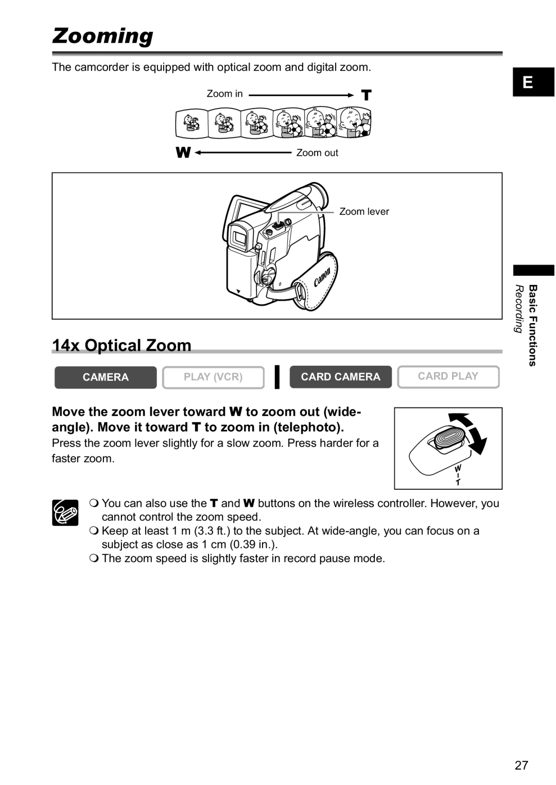 Canon MV880xi instruction manual Zooming, 14x Optical Zoom, Camcorder is equipped with optical zoom and digital zoom 