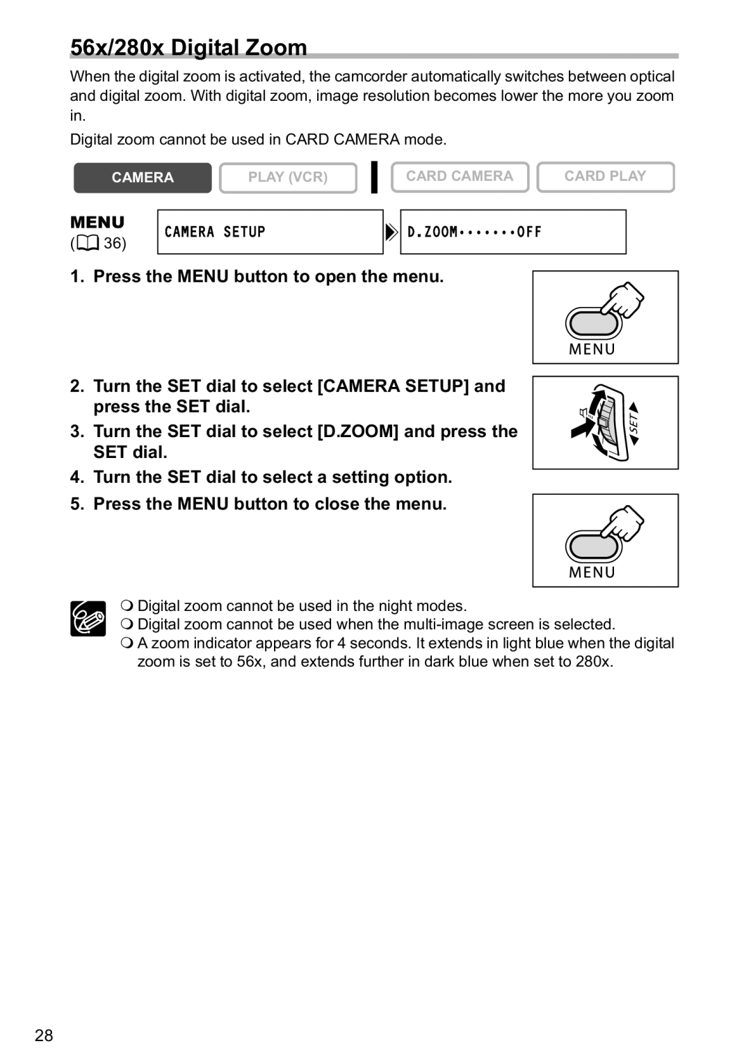 Canon MV880xi instruction manual 56x/280x Digital Zoom, Menu Camera Setup 