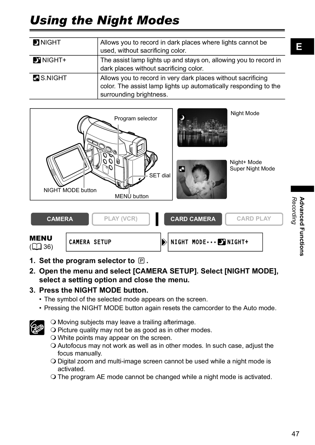 Canon MV880xi instruction manual Using the Night Modes, Menu Camera Setup Night Mode NIGHT+, Set the program selector to 