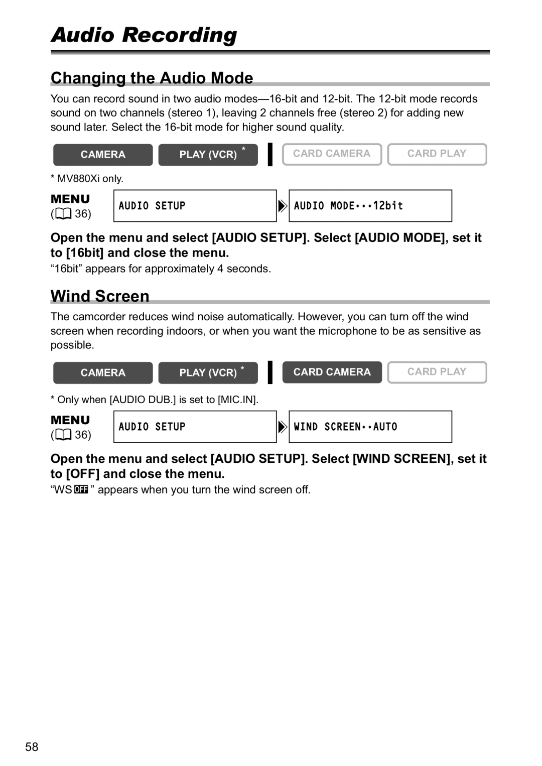 Canon MV880xi instruction manual Audio Recording, Changing the Audio Mode, Menu Audio Setup Wind Screenauto 