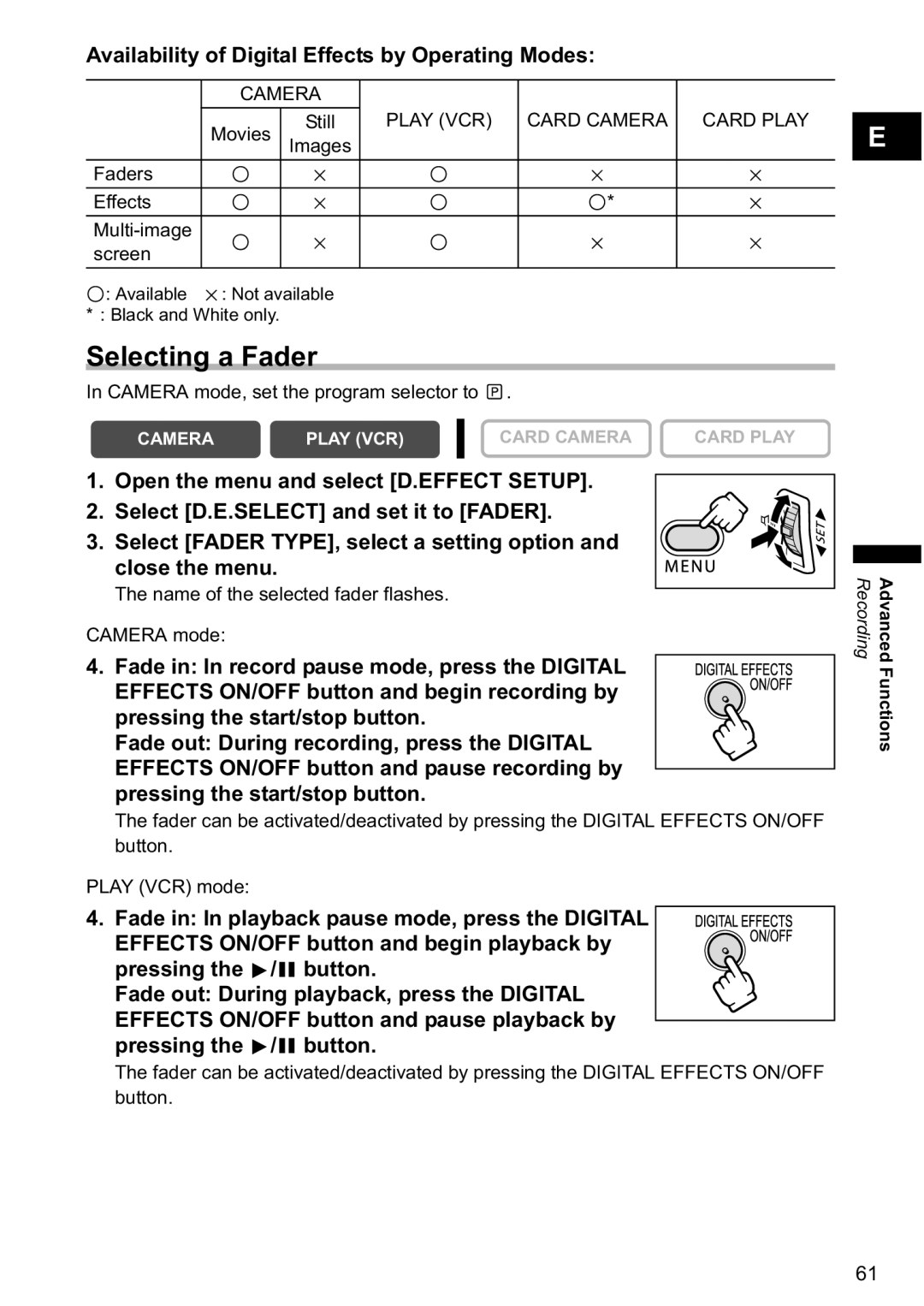 Canon MV880xi instruction manual Selecting a Fader, Availability of Digital Effects by Operating Modes 