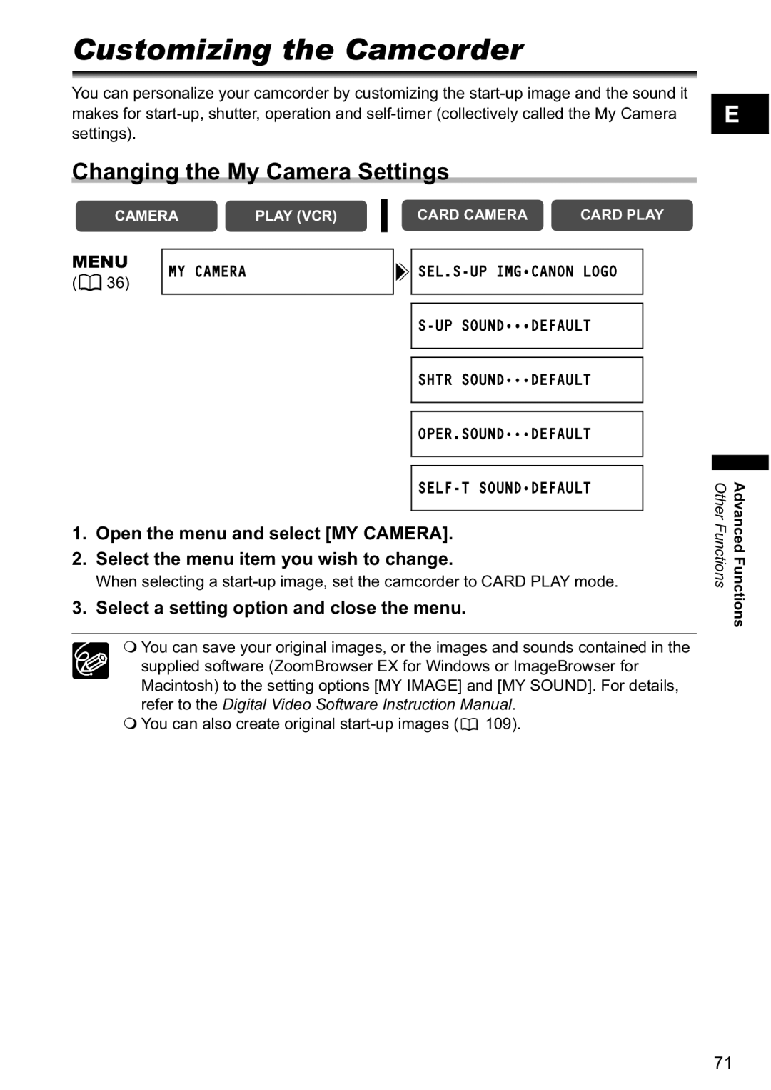 Canon MV880xi instruction manual CustomizingOther Functionsthe Camcorder, Changing the My Camera Settings 