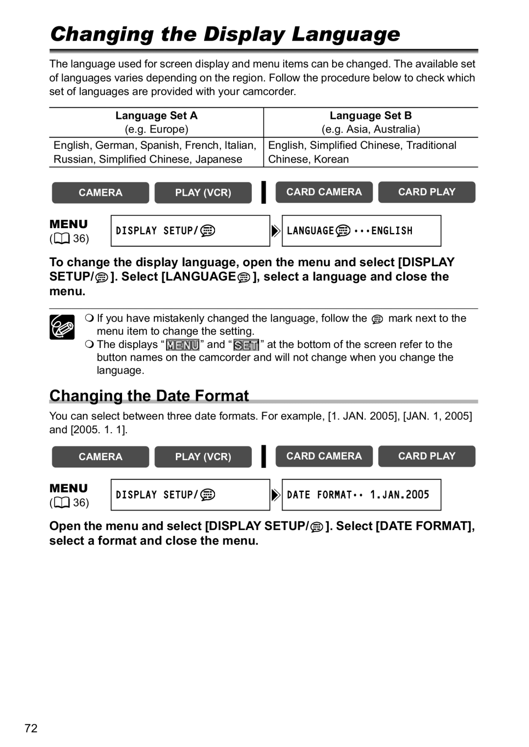 Canon MV880xi Changing the Display Language, Changing the Date Format, Menu Display Setup Language English 