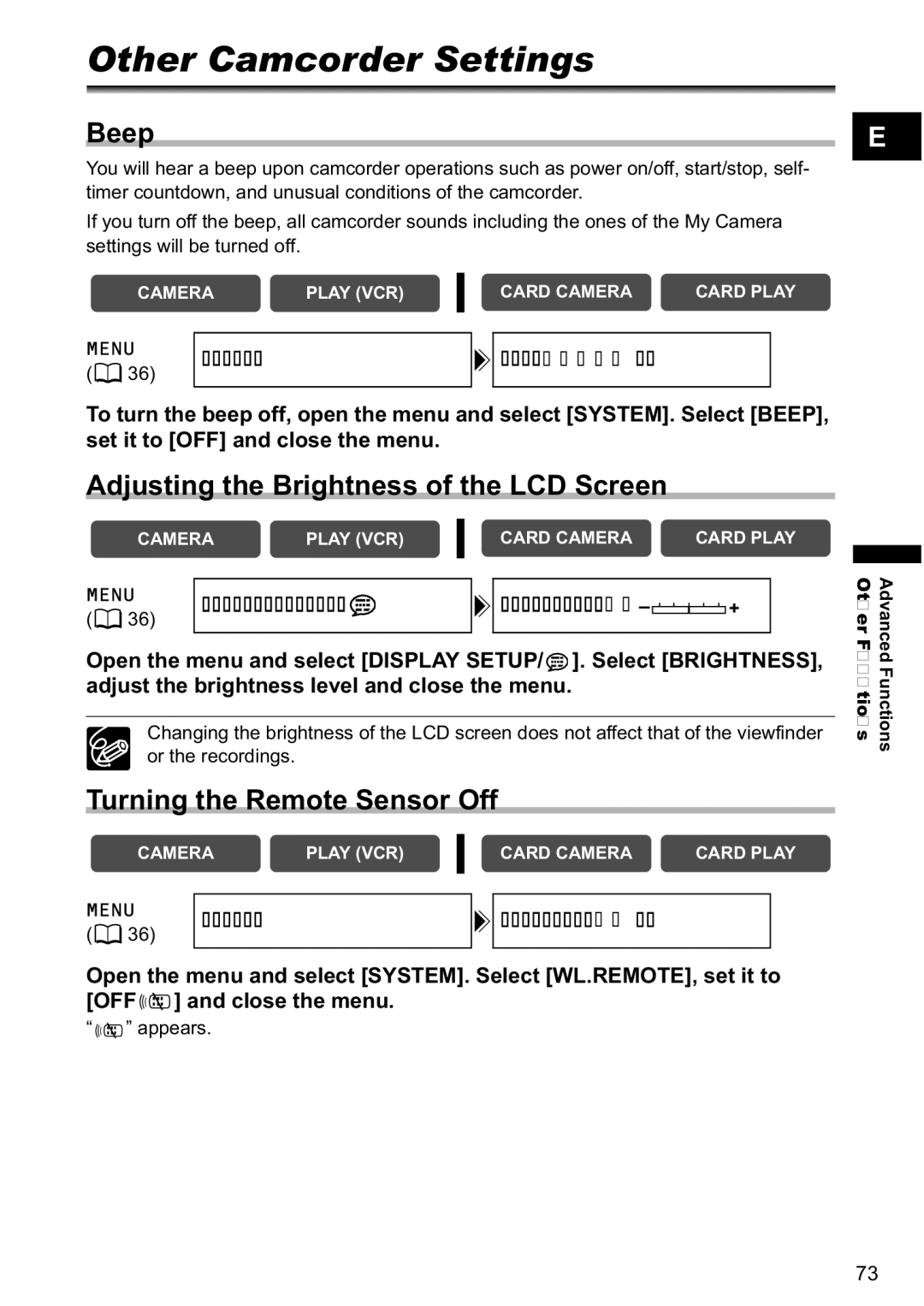 Canon MV880x Other Camcorder Settings, Beep, Adjusting the Brightness of the LCD Screen, Turning the Remote Sensor Off 