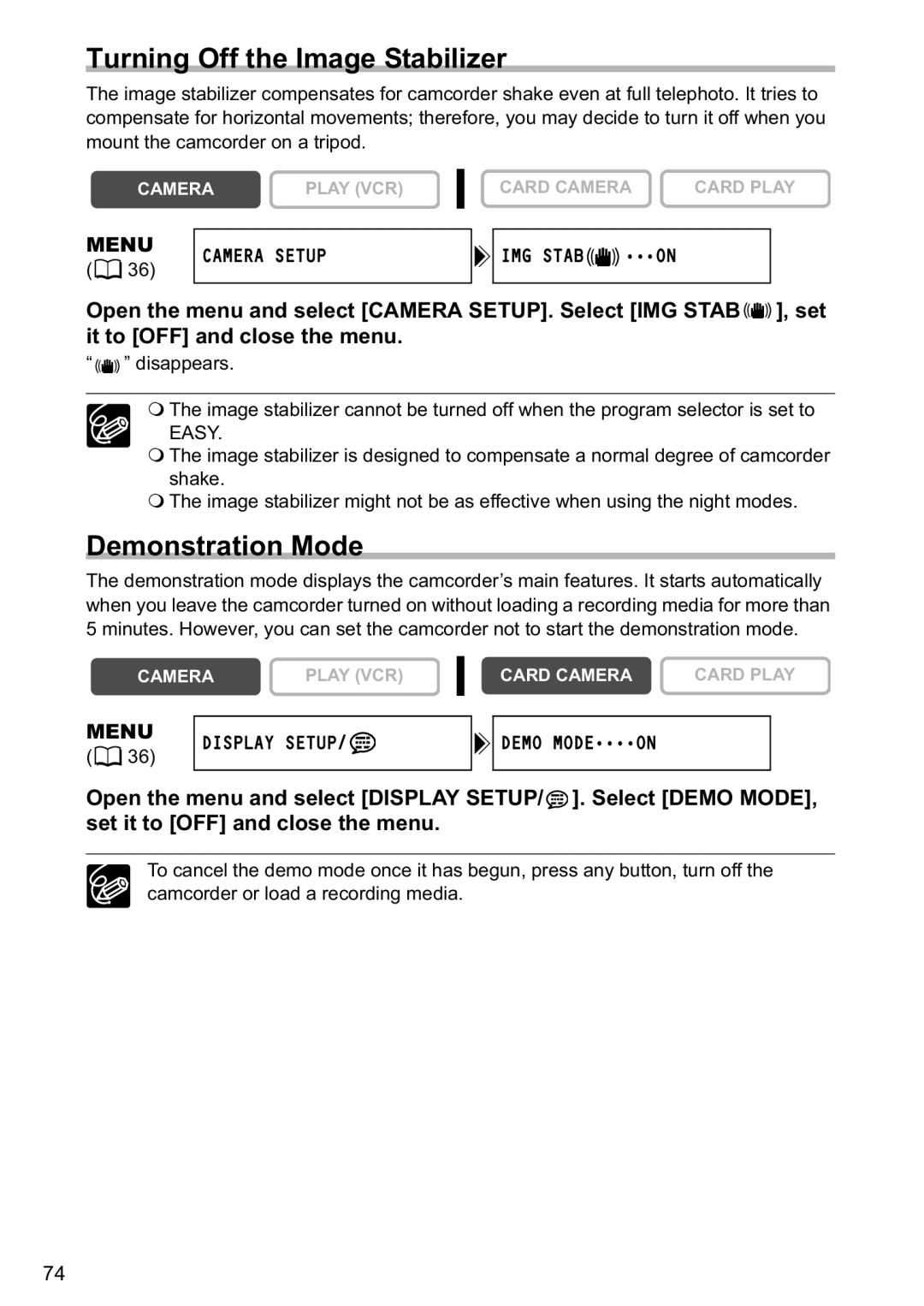 Canon MV880xi instruction manual Turning Off the Image Stabilizer, Demonstration Mode, Menu Display Setup Demo Modeon 