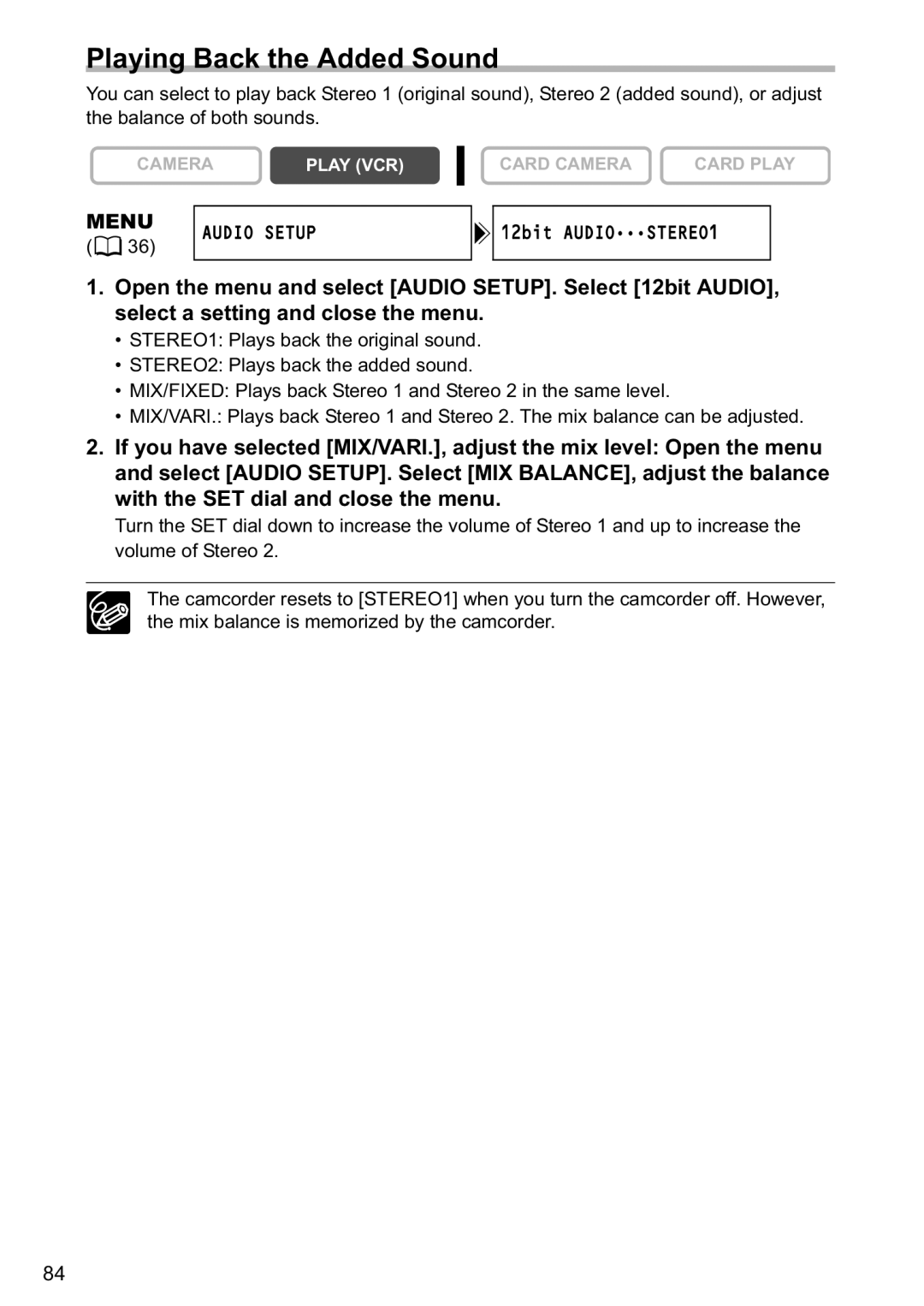 Canon MV880xi instruction manual Playing Back the Added Sound, Menu Audio Setup 