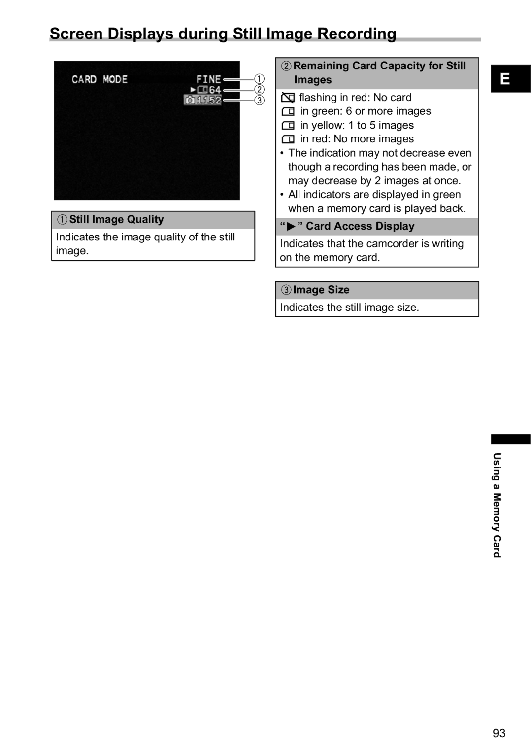 Canon MV880x Screen Displays during Still Image Recording, Still Image Quality, Remaining Card Capacity for Still Images 