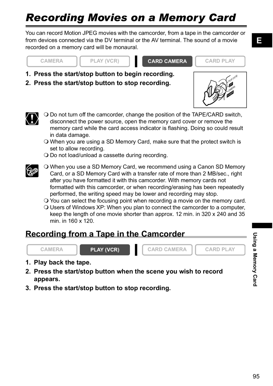 Canon MV880xi instruction manual Recording Movies on a Memory Card, Recording from a Tape in the Camcorder 