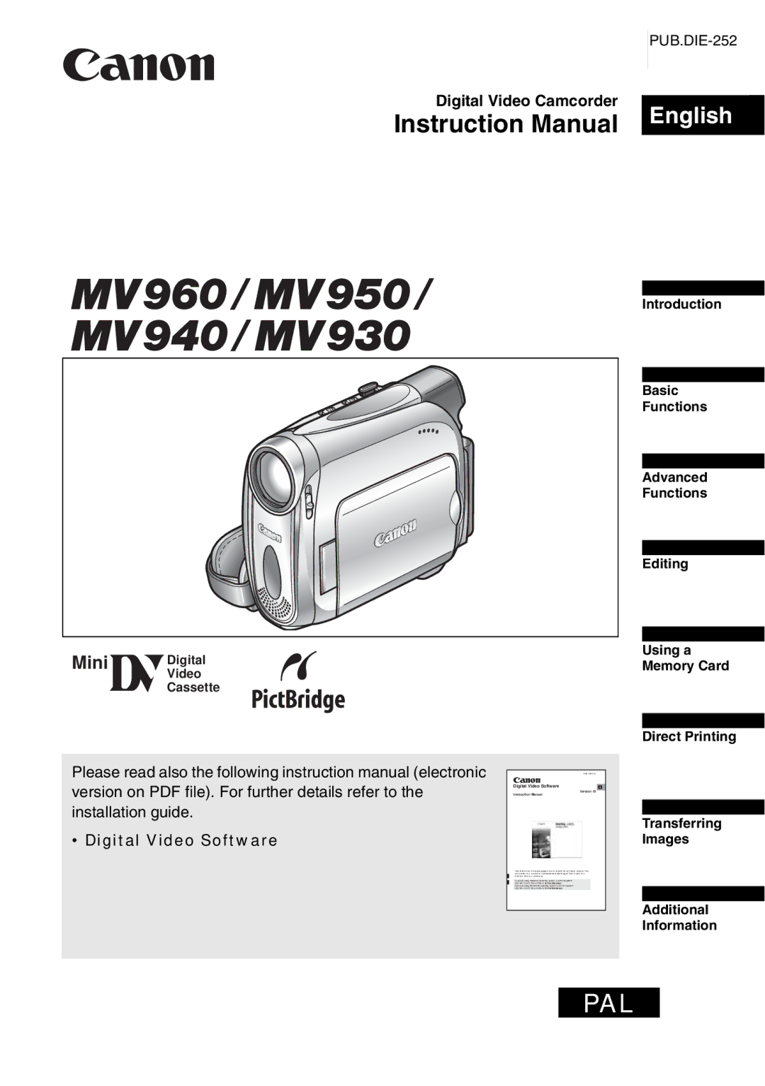 Canon MV960, MV940, MV 950 instruction manual English, Digital Video Camcorder 