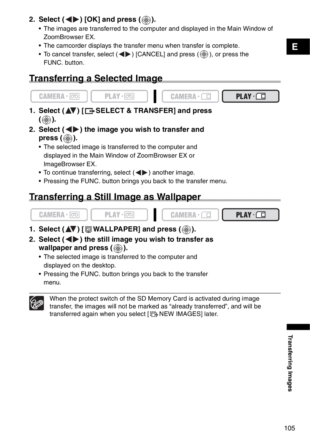 Canon MV940, MV960, MV 950 Transferring a Selected Image, Transferring a Still Image as Wallpaper, Select OK and press 