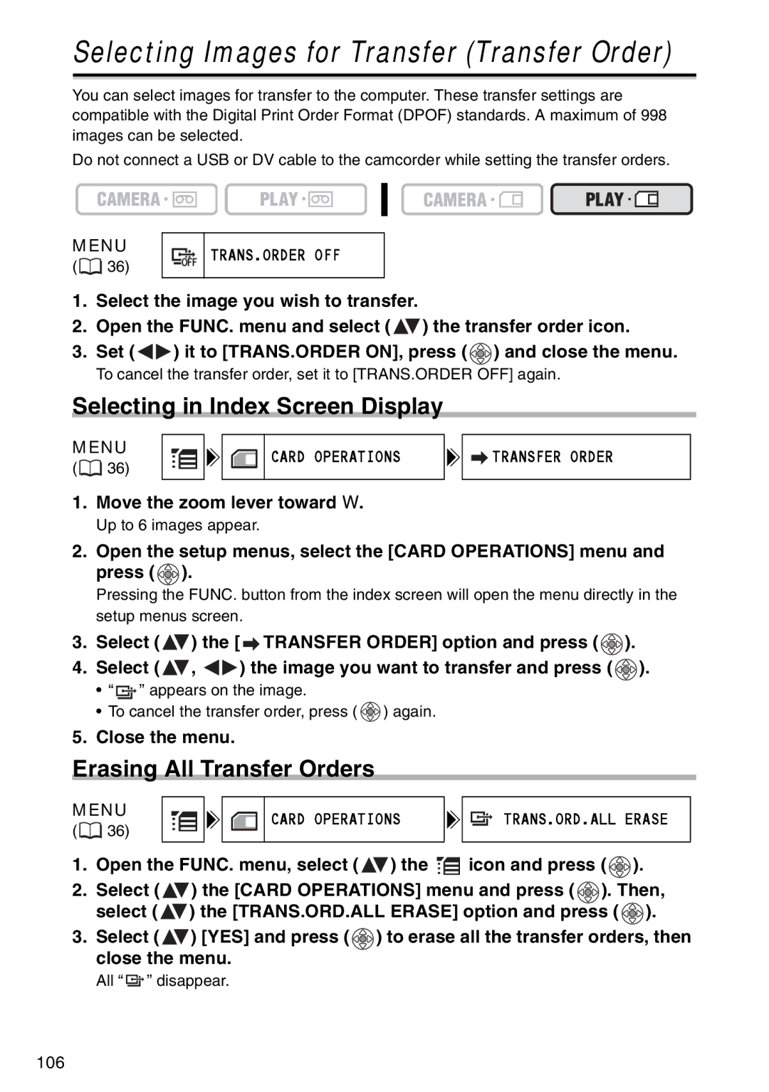 Canon MV960, MV940, MV 950 instruction manual Selecting Images for Transfer Transfer Order, Erasing All Transfer Orders 