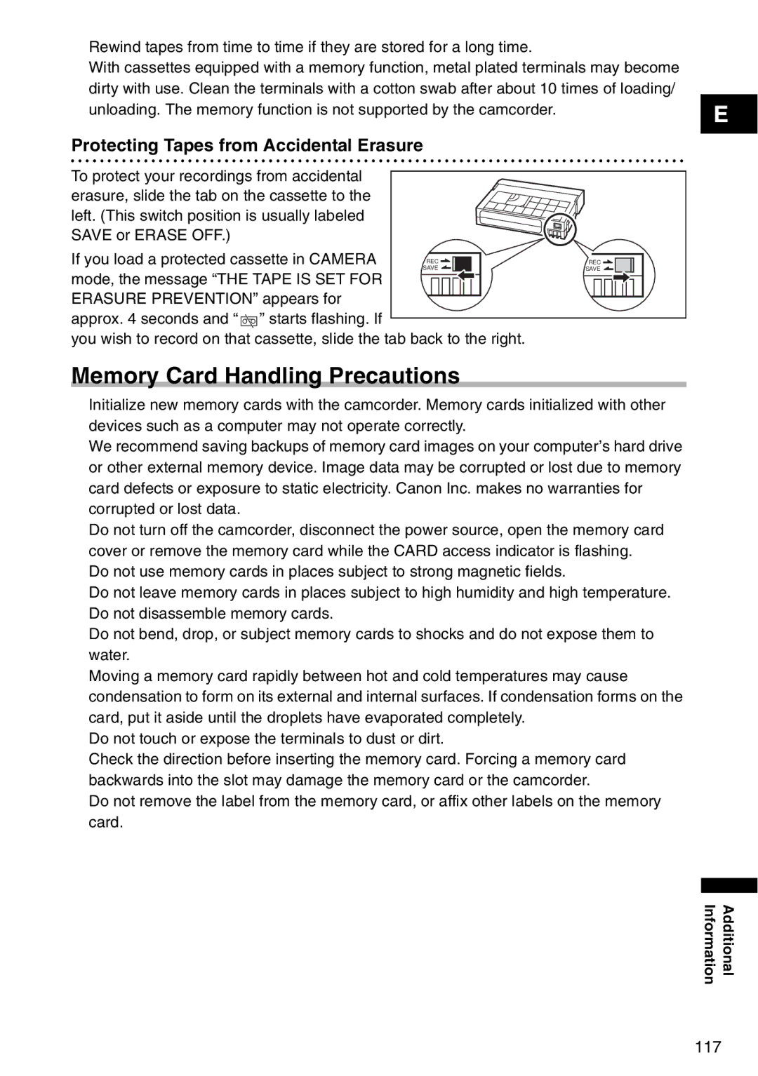 Canon MV940, MV960, MV 950 instruction manual Memory Card Handling Precautions, Protecting Tapes from Accidental Erasure 