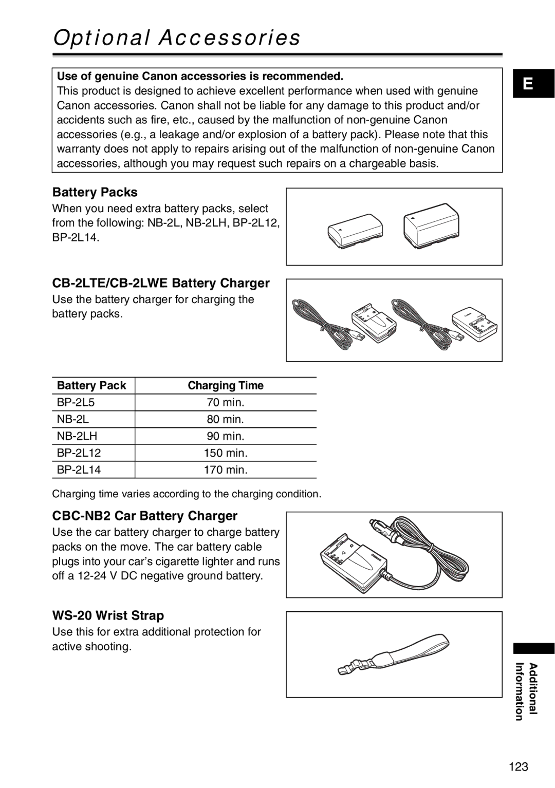 Canon MV940, MV960 Optional Accessories, Battery Packs, CB-2LTE/CB-2LWE Battery Charger, CBC-NB2 Car Battery Charger 