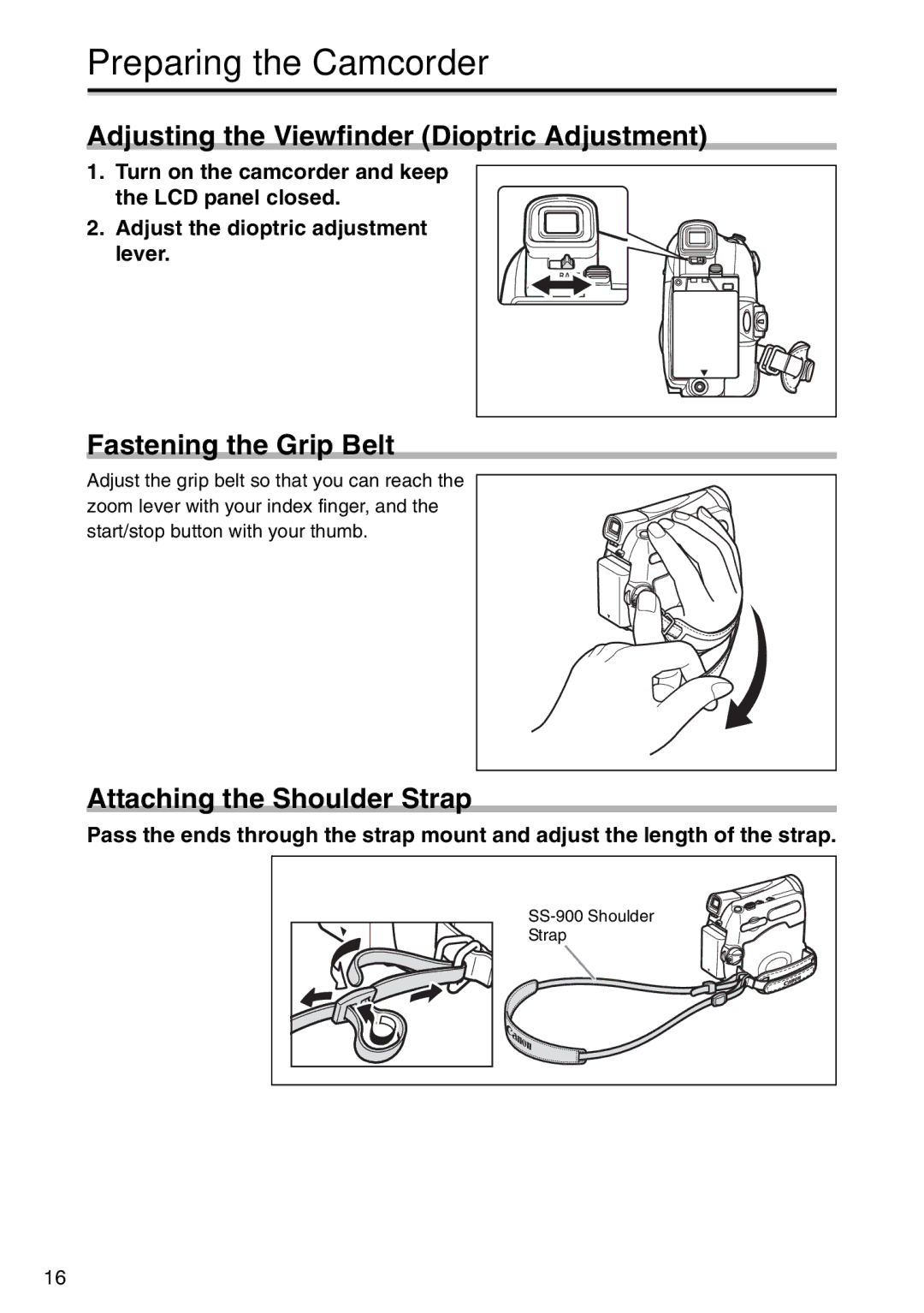 Canon MV960, MV940, MV 950 Preparing the Camcorder, Adjusting the Viewfinder Dioptric Adjustment, Fastening the Grip Belt 