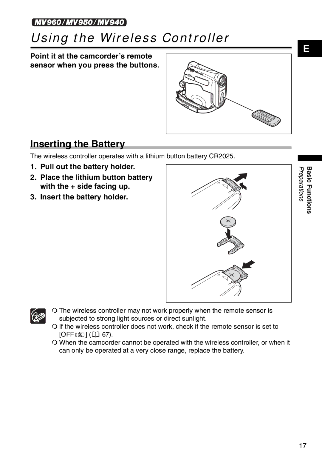 Canon MV 950, MV940, MV960 instruction manual Using the Wireless Controller, Inserting the Battery 