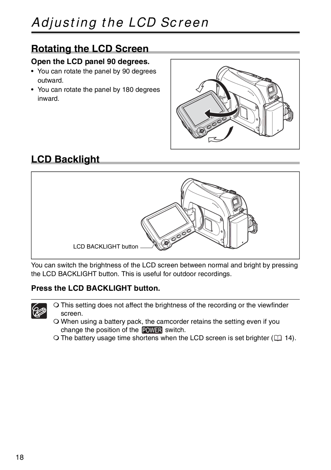 Canon MV940, MV960, MV 950 Adjusting the LCD Screen, Rotating the LCD Screen, LCD Backlight, Open the LCD panel 90 degrees 