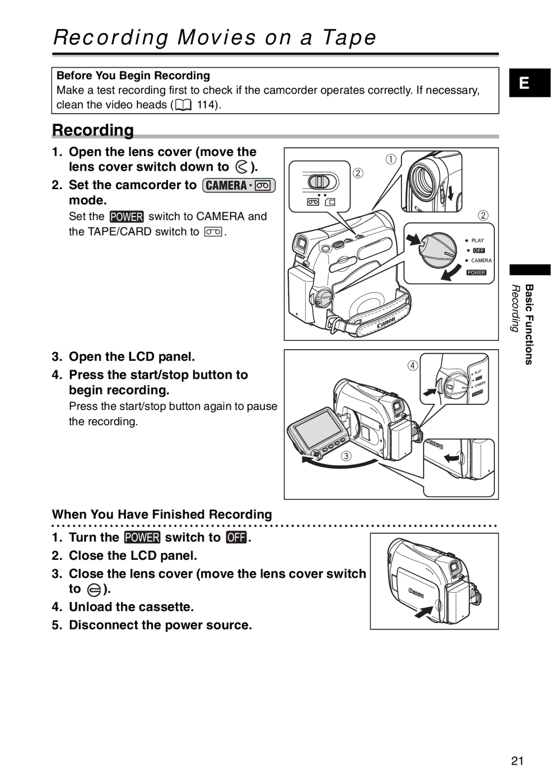 Canon MV940, MV960 Recording Movies on a Tape, Set the camcorder to mode, Unload the cassette Disconnect the power source 