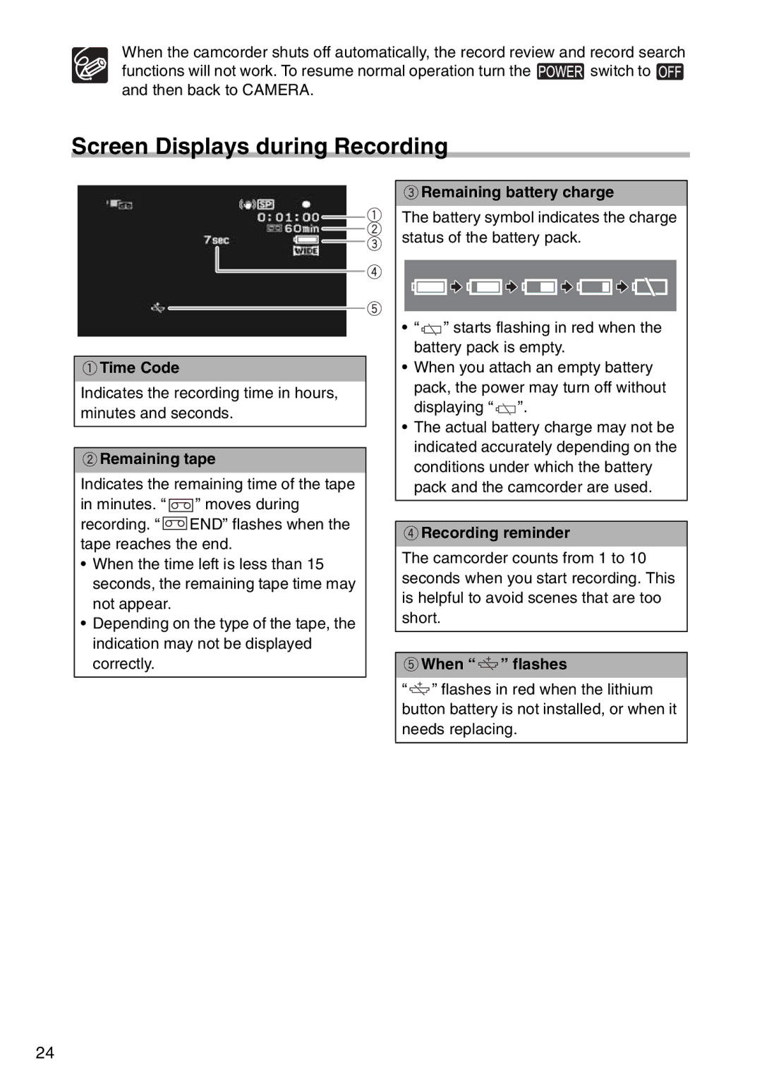 Canon MV940, MV960, MV 950 instruction manual Screen Displays during Recording 