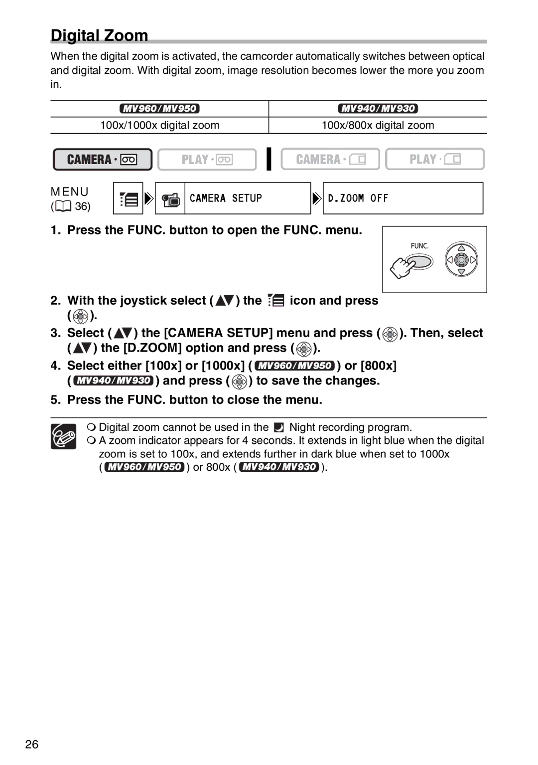 Canon MV 950, MV940, MV960 instruction manual Digital Zoom 